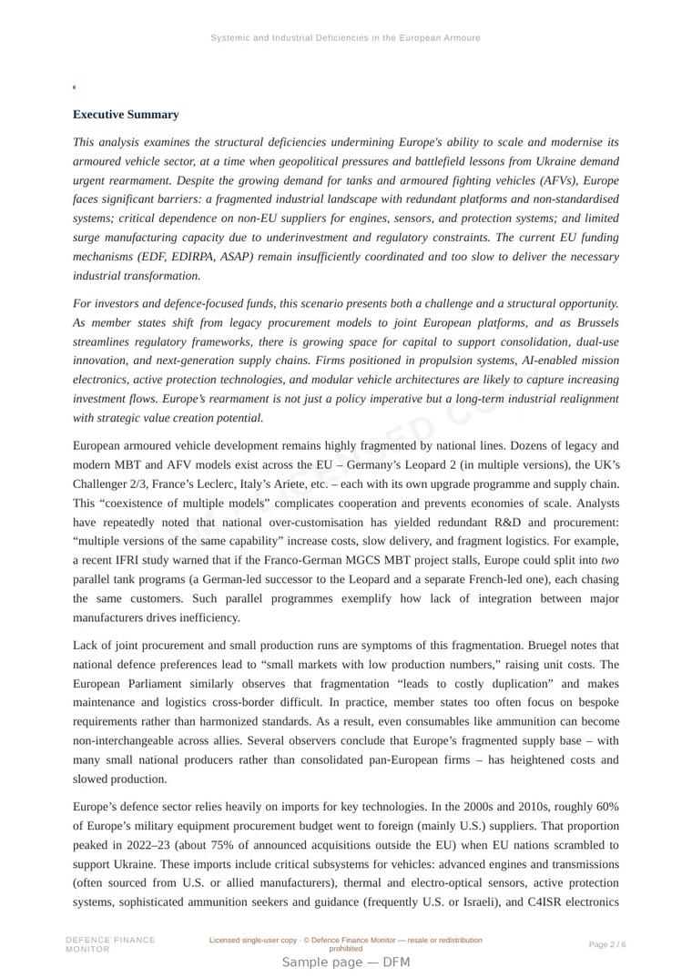 Sample page from “Systemic and Industrial Deficiencies in the European Armoured Vehicle Sector” — 7-page report