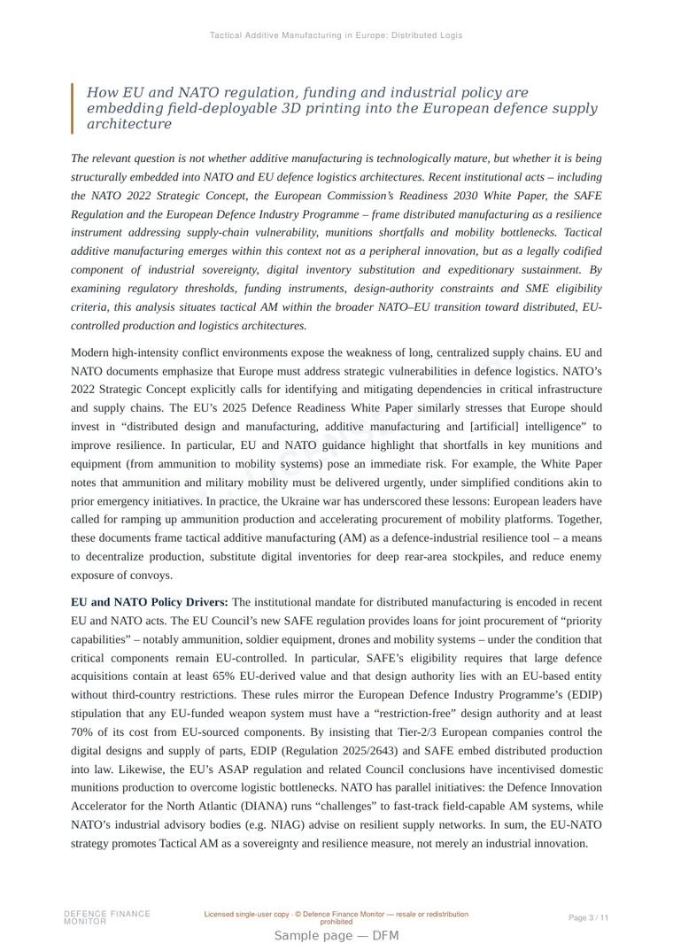 Sample page from “Tactical Additive Manufacturing in Europe: Distributed Logistics and Defence Readiness” — 12-page report