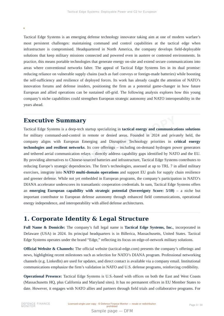 Sample page from “Tactical Edge Systems: Deployable Power and C2 for European and NATO Operations” — 31-page report