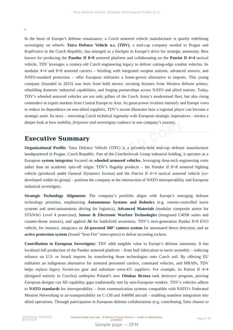 Sample page from “Tatra Defence Vehicle: Strategic-Technological Profile for European Defence Autonomy” — 33-page report