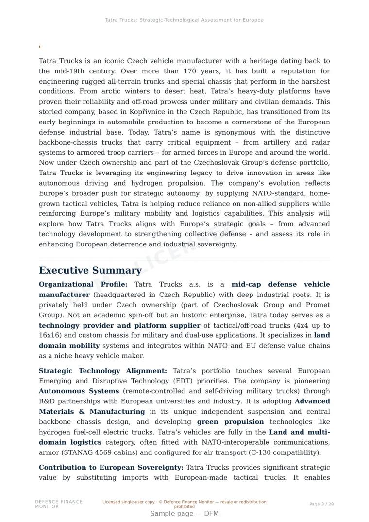 Sample page from “Tatra Trucks: Strategic-Technological Assessment for European Defense Autonomy and NATO Mobility” — 29-page report