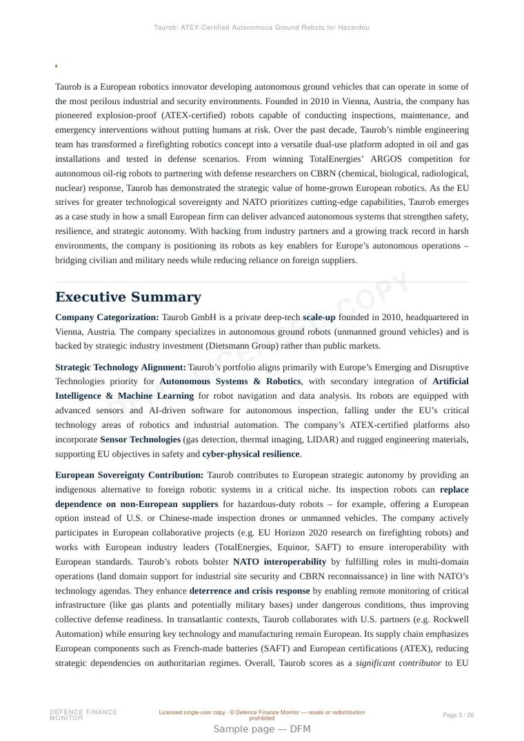 Sample page from “Taurob: ATEX-Certified Autonomous Ground Robots for Hazardous Environments” — 27-page report