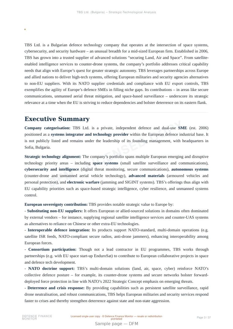 Sample page from “TBS Ltd. — Bulgaria space company” — 38-page report
