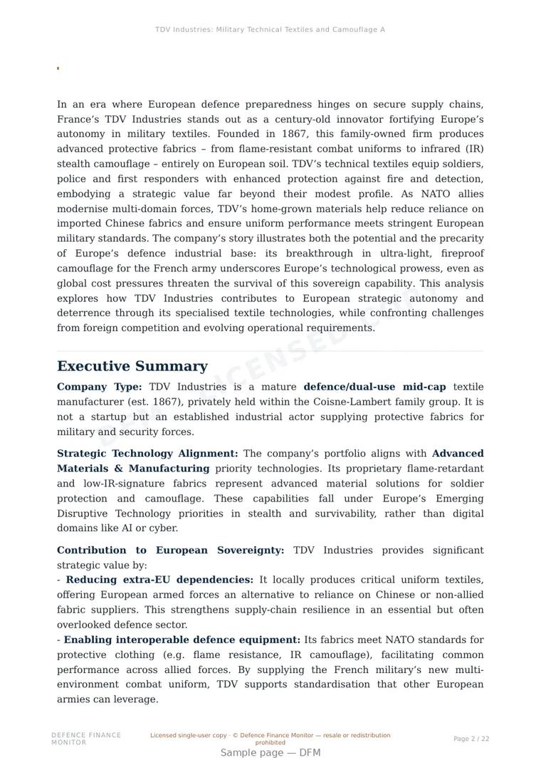 Sample page from “TDV Industries: Military Technical Textiles and Camouflage Analysis” — 23-page report