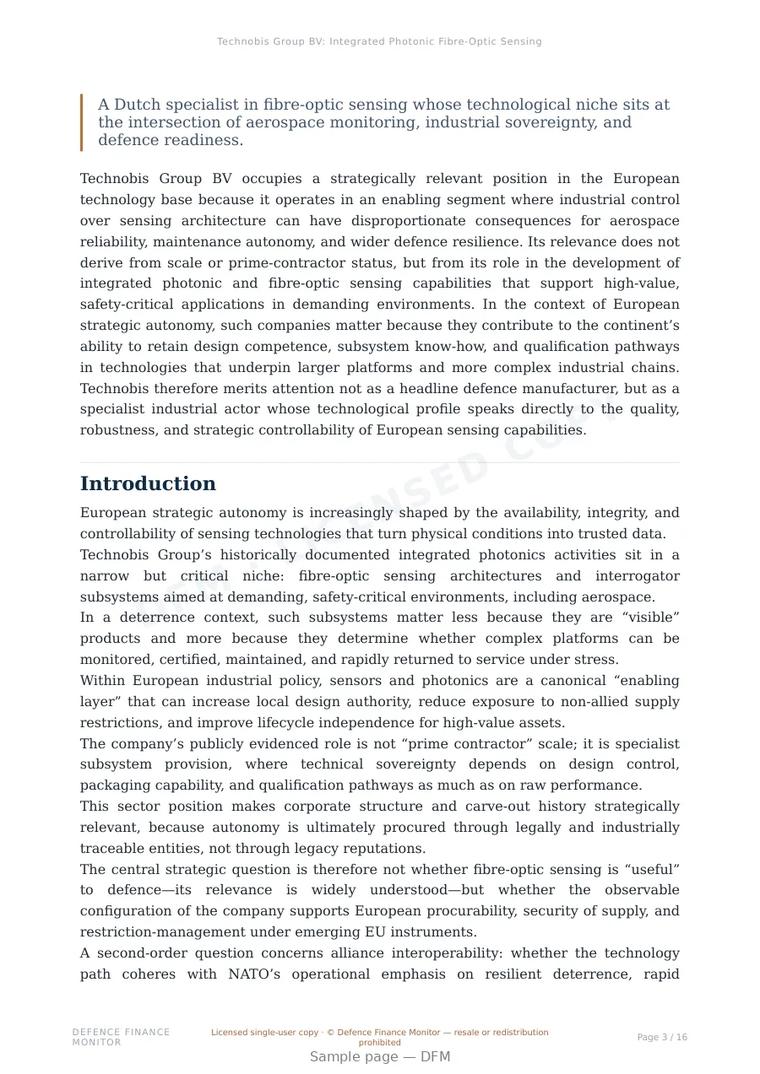 Sample page from “Technobis Group BV: Integrated Photonic Fibre-Optic Sensing as a Strategic Enabler of European Aerospace and Defence Resilience” — 17-page report