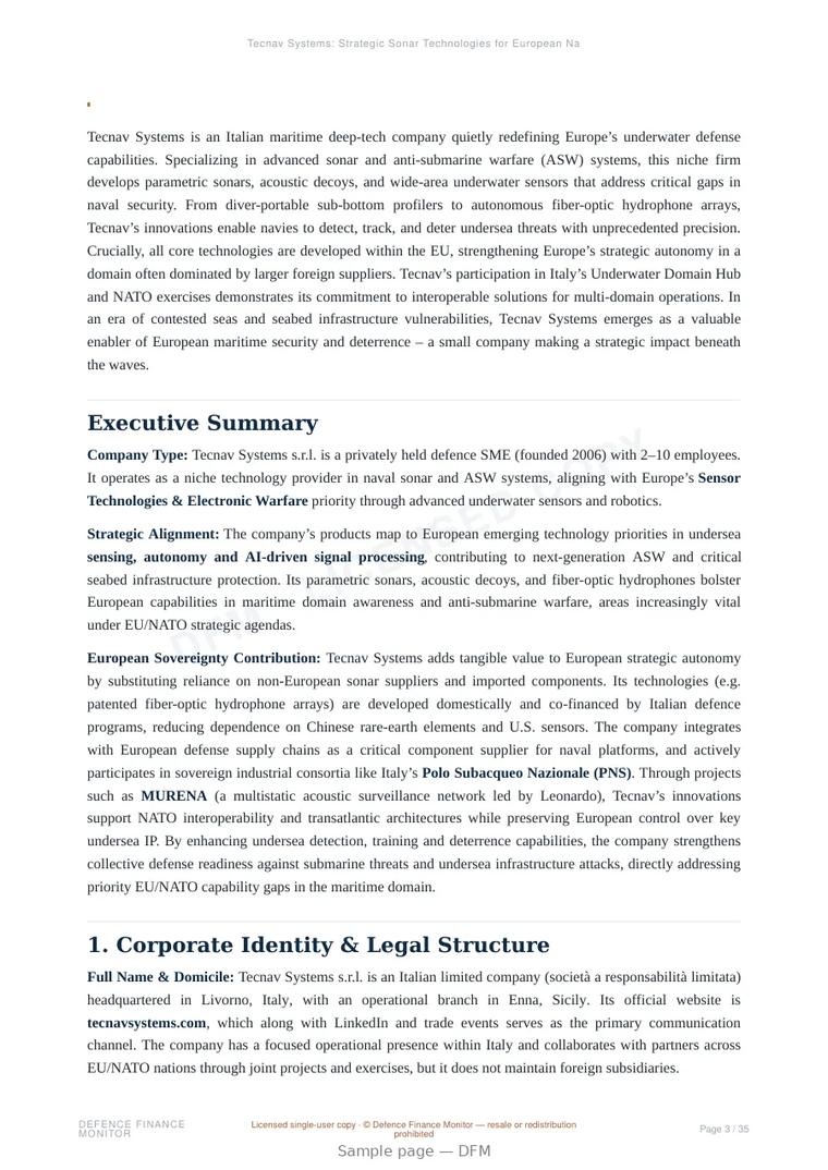 Sample page from “Tecnav Systems: Strategic Sonar Technologies for European Naval Defence Autonomy” — 36-page report