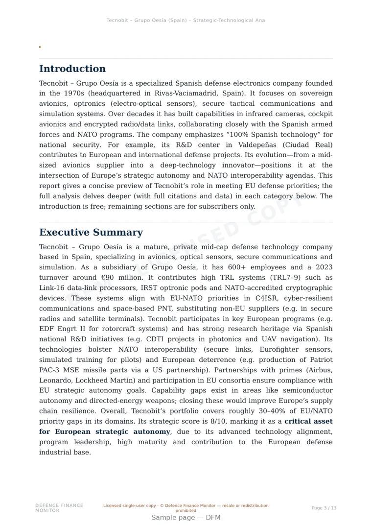 Sample page from “Tecnobit – Grupo Oesía — Spain electro-optical company” — 14-page report