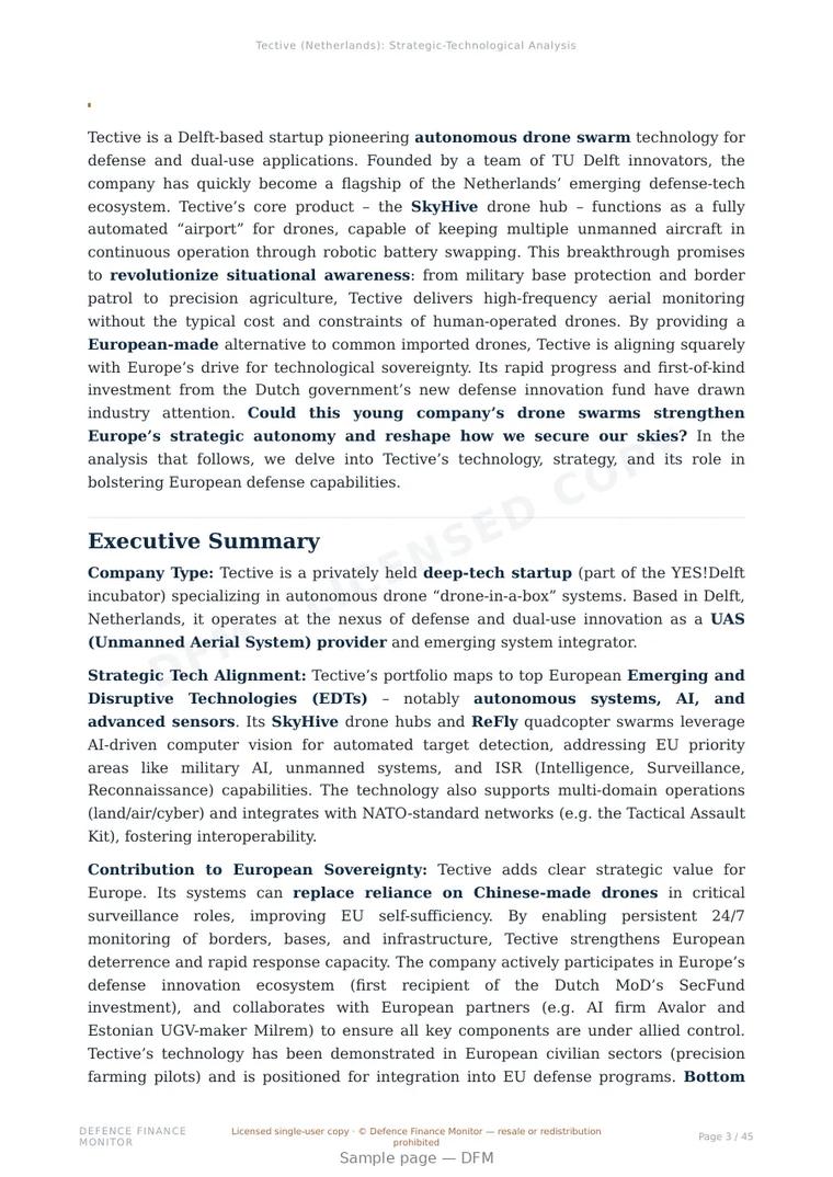 Sample page from “Tective — Netherlands swarm coordination company” — 46-page report