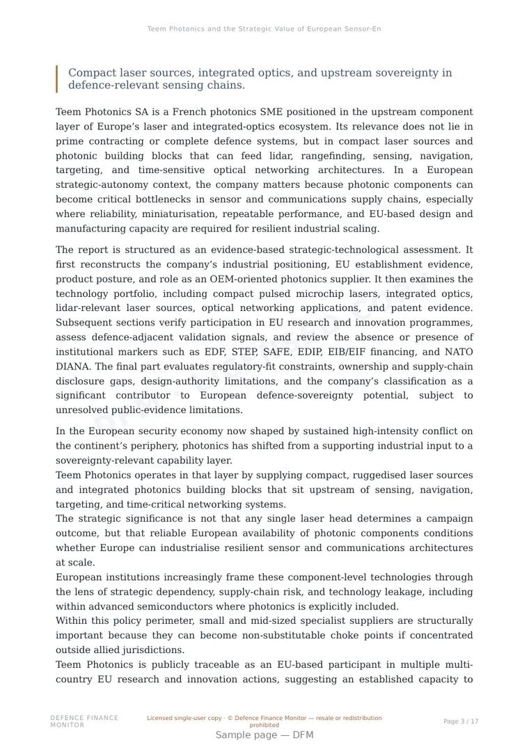 Sample page from “Teem Photonics and the Strategic Value of European Sensor-Enabling Photonics” — 18-page report