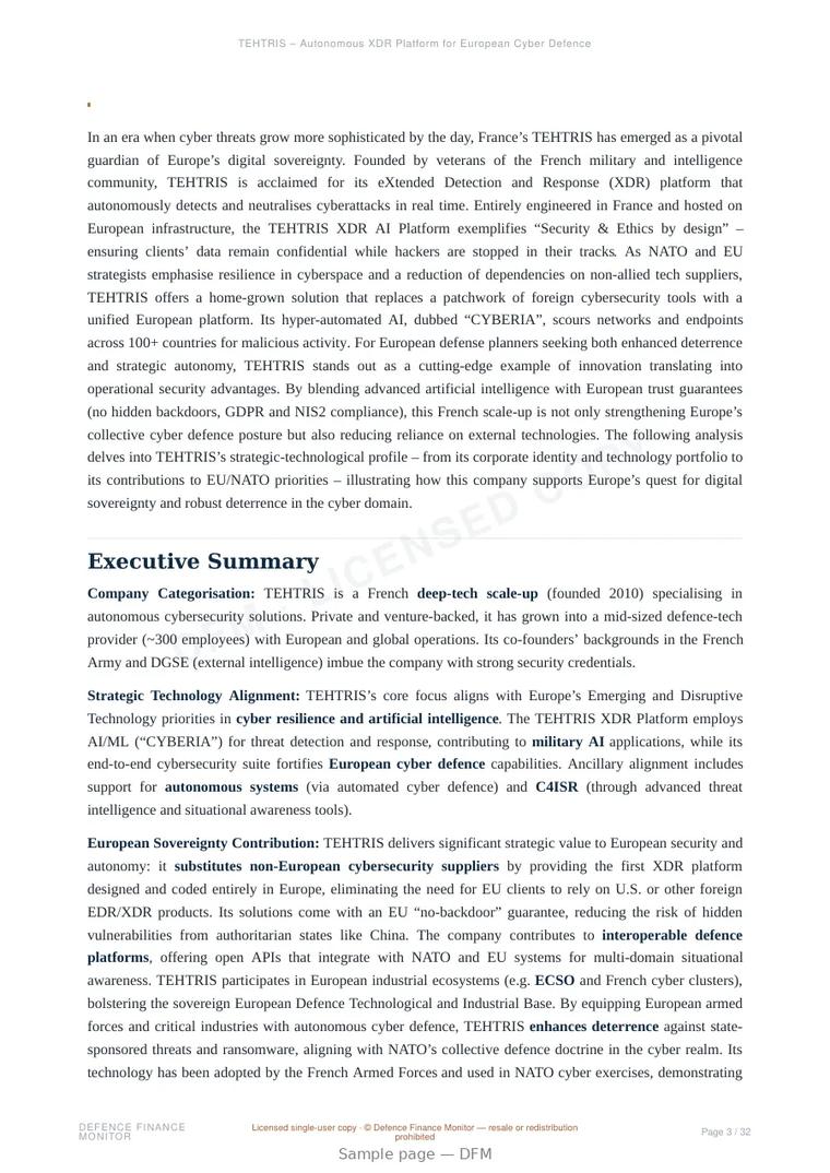 Sample page from “TEHTRIS – Autonomous XDR Platform for European Cyber Defence” — 33-page report