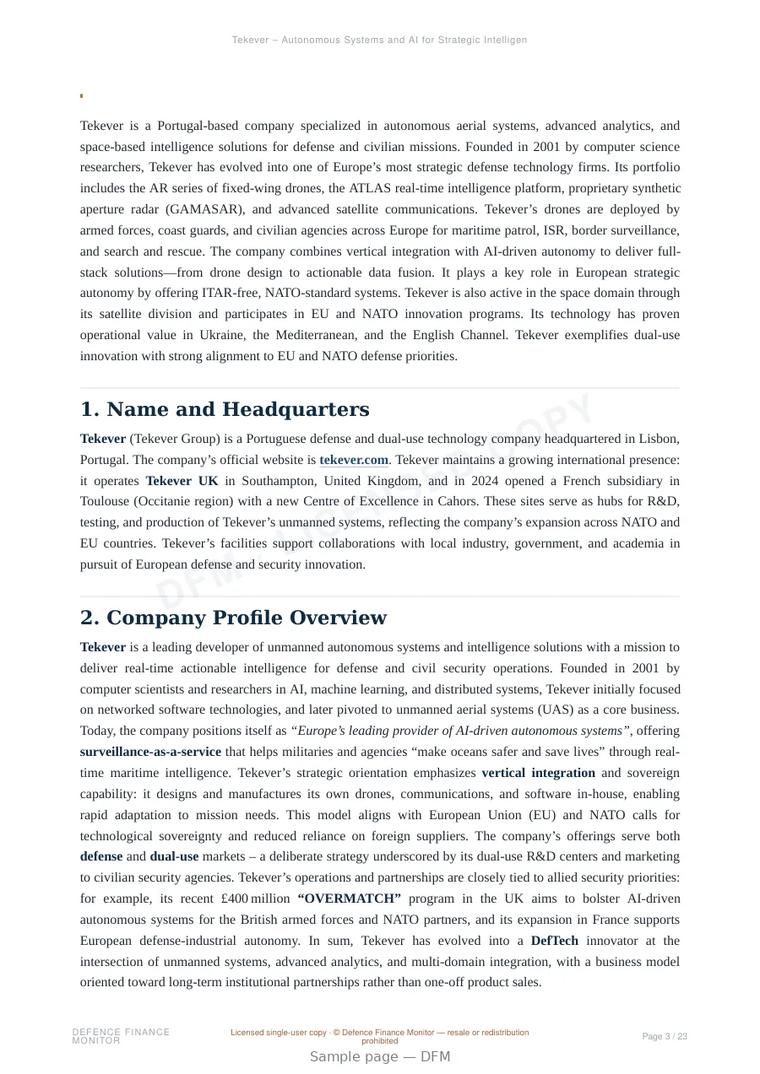 Sample page from “Tekever – Autonomous Systems and AI for Strategic Intelligence” — 24-page report