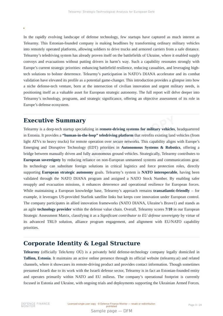 Sample page from “Telearmy — Estonia unmanned ground systems company” — 25-page report