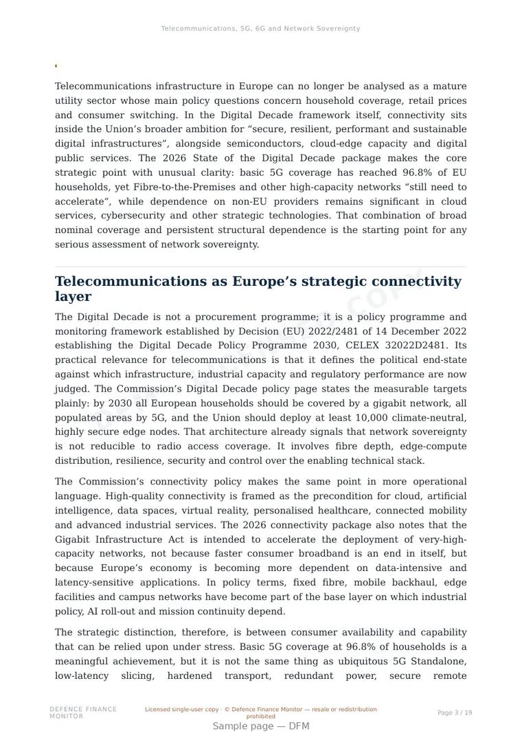 Sample page from “Telecommunications, 5G, 6G and Network Sovereignty” — 20-page report