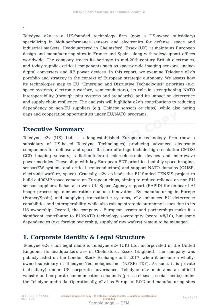 Sample page from “Teledyne e2v — United Kingdom electro-optical company” — 16-page report