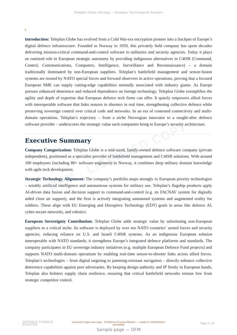 Sample page from “Teleplan Globe (Norway) – Strategic Technological Analysis” — 34-page report