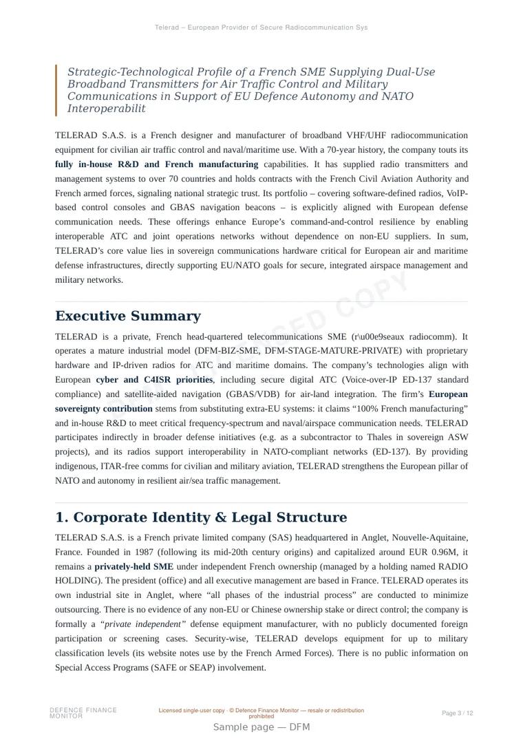 Sample page from “Telerad – European Provider of Secure Radiocommunication Systems” — 13-page report