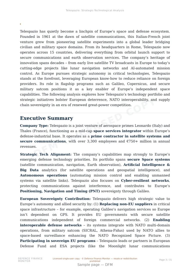 Sample page from “Telespazio — Italy satellite communications company” — 32-page report