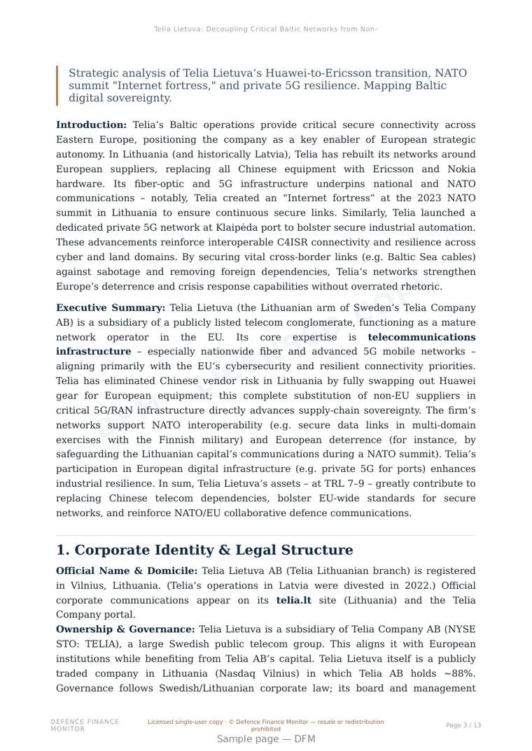 Sample page from “Telia Lietuva: Decoupling Critical Baltic Networks from Non-Allied Suppliers” — 14-page report