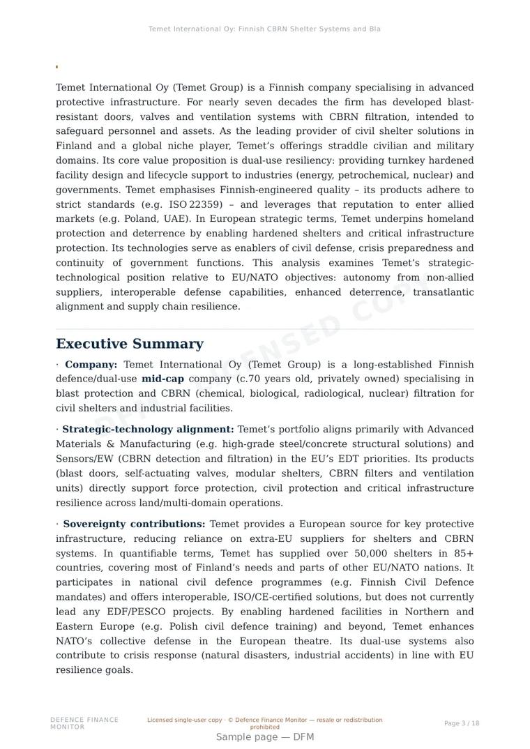 Sample page from “Temet International Oy: Finnish CBRN Shelter Systems and Blast Protection Solutions” — 19-page report