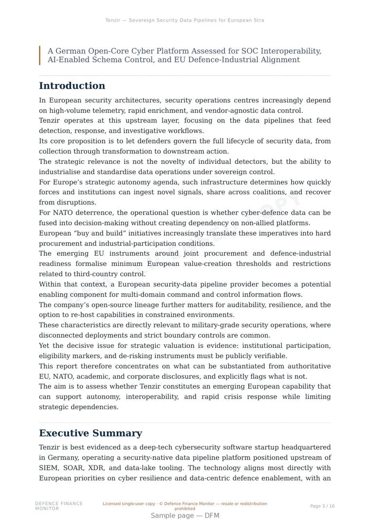 Sample page from “Tenzir — Sovereign Security Data Pipelines for European Strategic Autonomy” — 17-page report