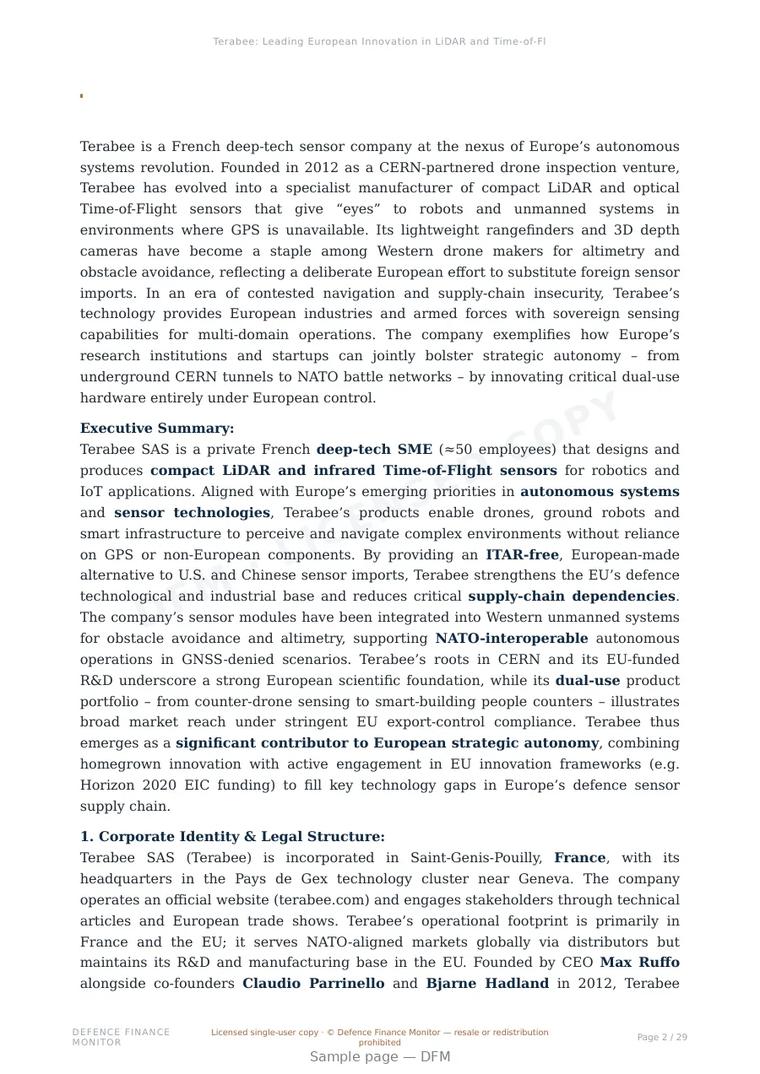 Sample page from “Terabee: Leading European Innovation in LiDAR and Time-of-Flight Sensors” — 30-page report