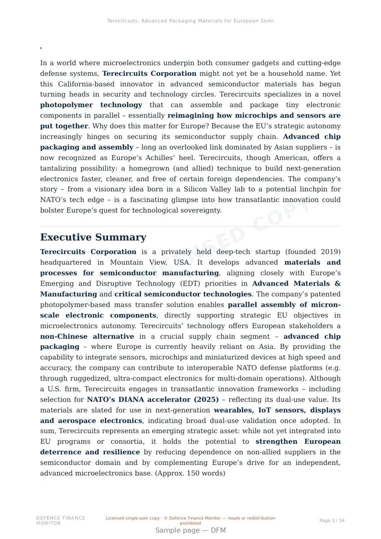 Sample page from “Terecircuits: Advanced Packaging Materials for European Semiconductor Autonomy” — 35-page report