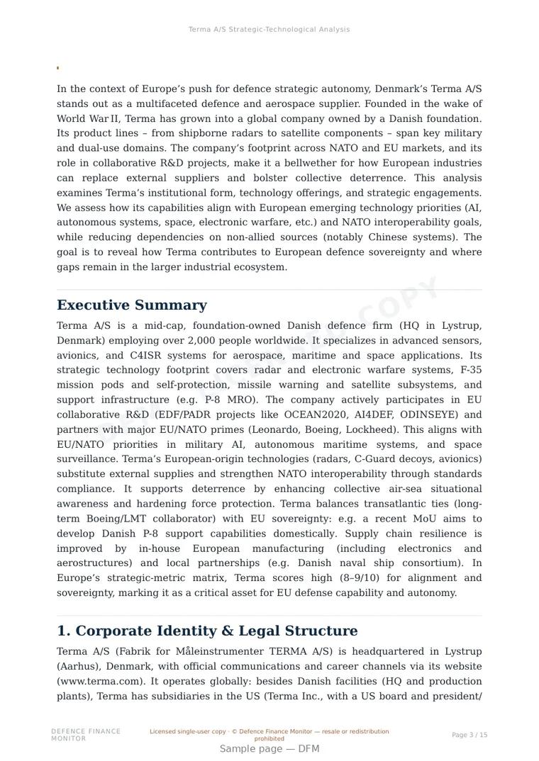 Sample page from “Terma A/S — Denmark radar systems company” — 16-page report