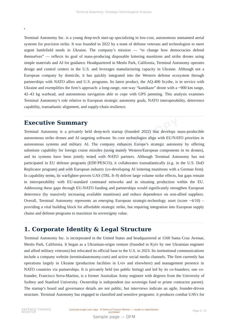 Sample page from “Terminal Autonomy Inc. — United States defence company” — 16-page report