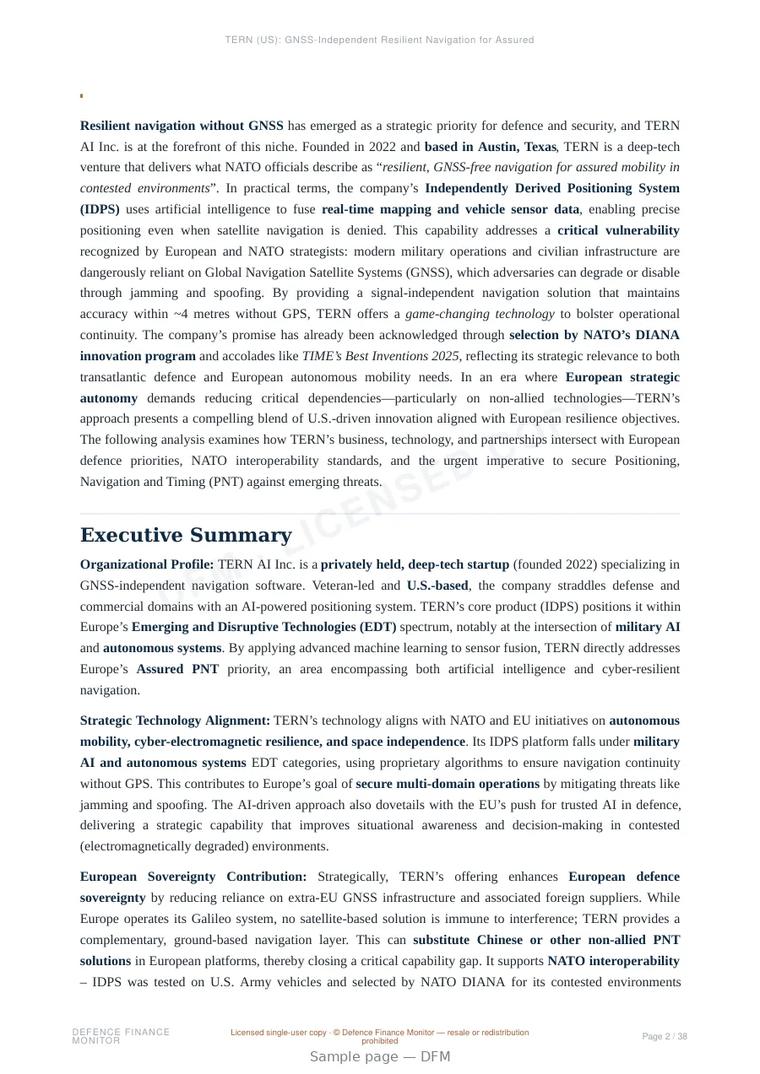 Sample page from “TERN (US): GNSS-Independent Resilient Navigation for Assured Mobility in Contested Environments” — 39-page report