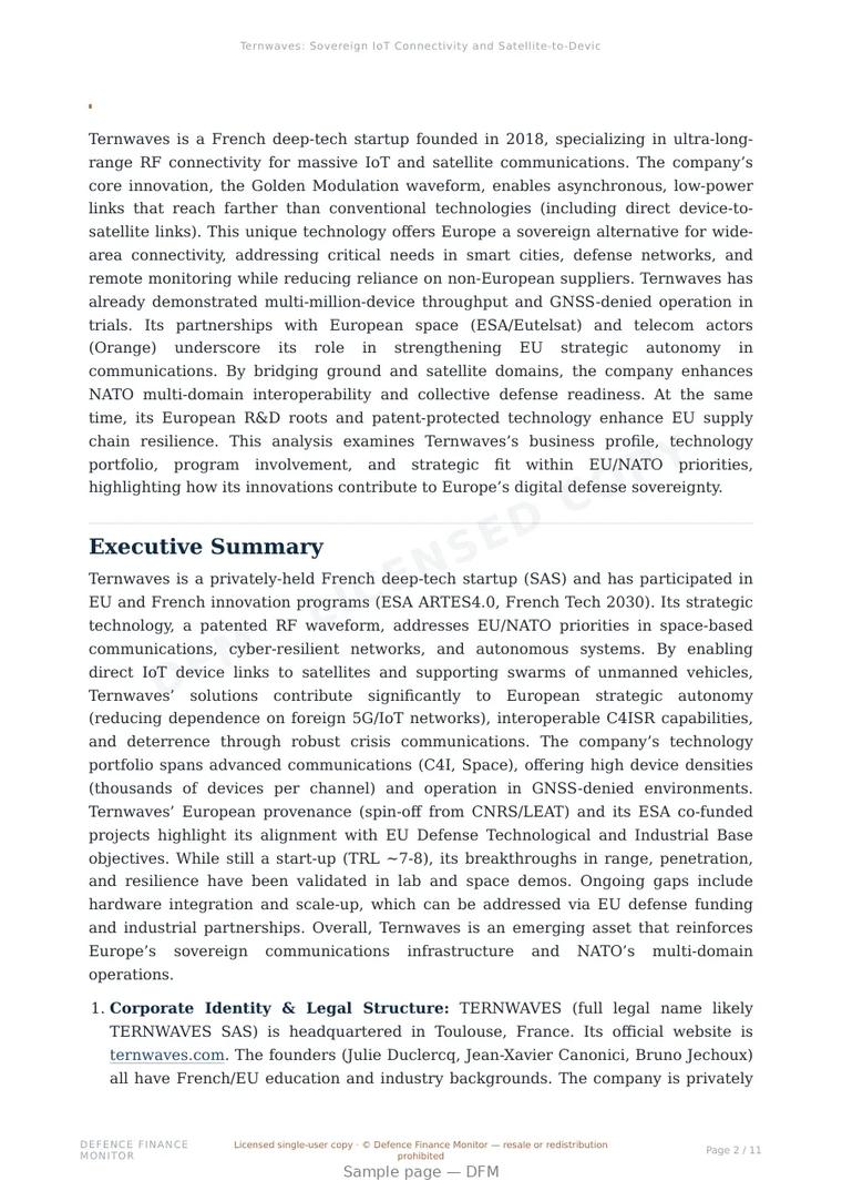 Sample page from “Ternwaves: Sovereign IoT Connectivity and Satellite-to-Device Innovation for European Defence” — 12-page report