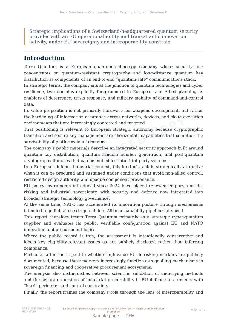 Sample page from “Terra Quantum — Quantum-Resistant Cryptography and Quantum Key Distribution for Secure Allied Communications” — 18-page report