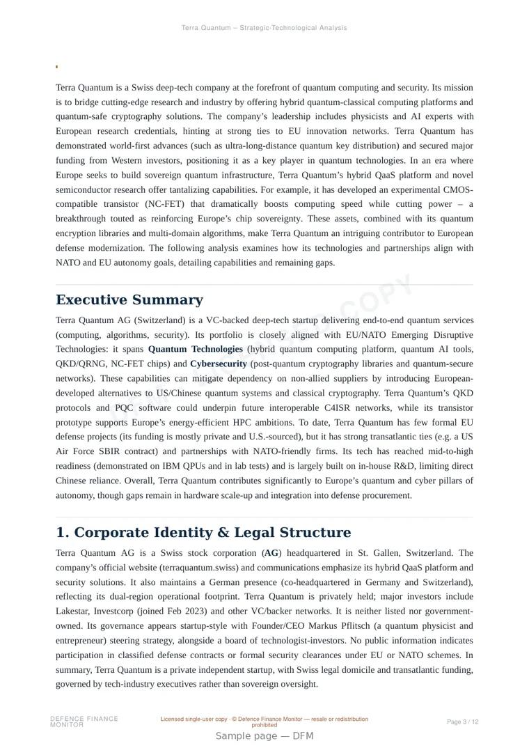 Sample page from “Terra Quantum — Switzerland quantum company” — 13-page report