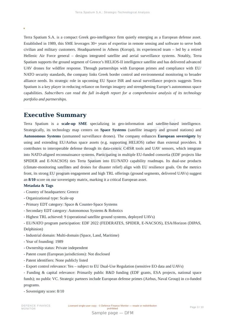 Sample page from “Terra Spatium S.A. — autonomous systems company” — 11-page report