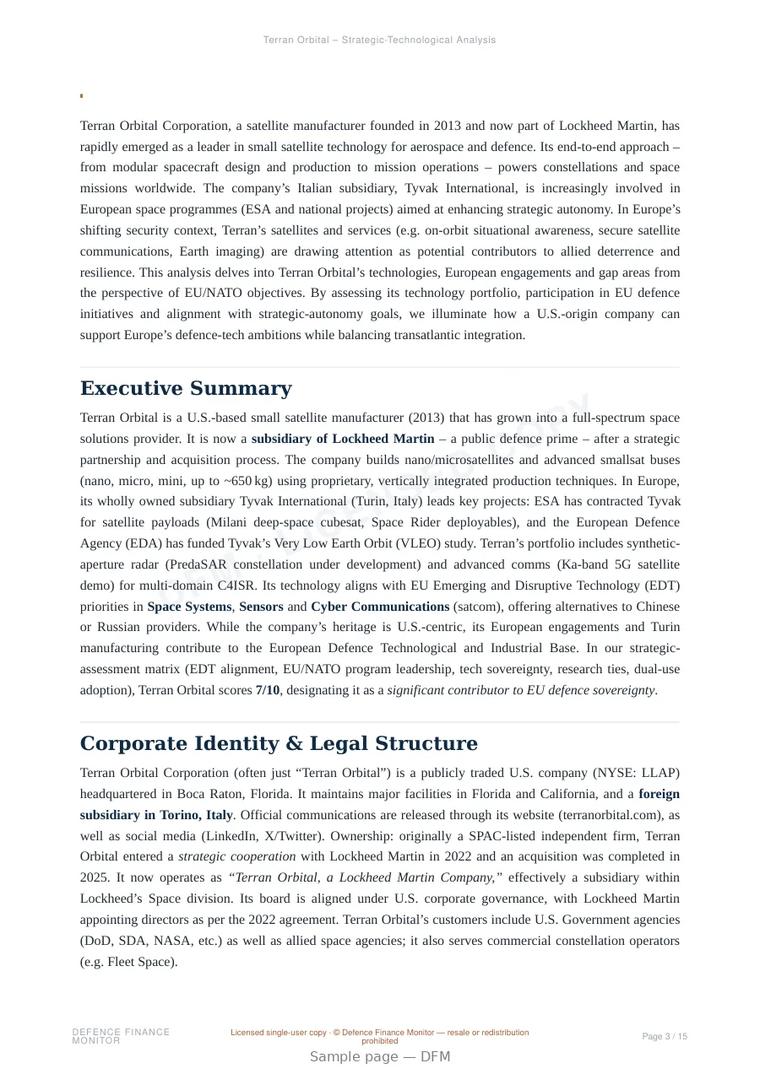 Sample page from “Terran Orbital Corporation — United States satellite platforms company” — 16-page report
