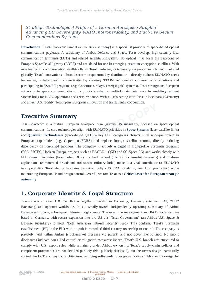 Sample page from “Tesat-Spacecom: European Leader in Space-Based Optical Communications” — 12-page report