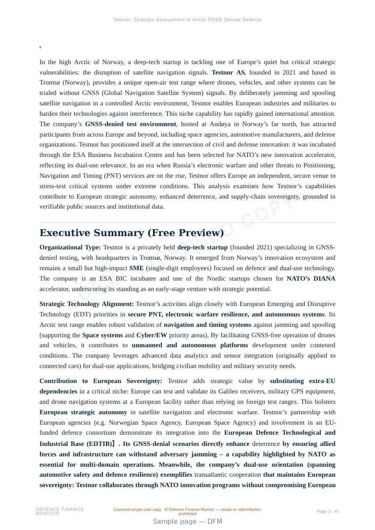 Sample page from “Testnor: Strategic Assessment of Arctic GNSS-Denied Defence Testing Capabilities for European Sovereignty and NATO Interoperability” — 42-page report