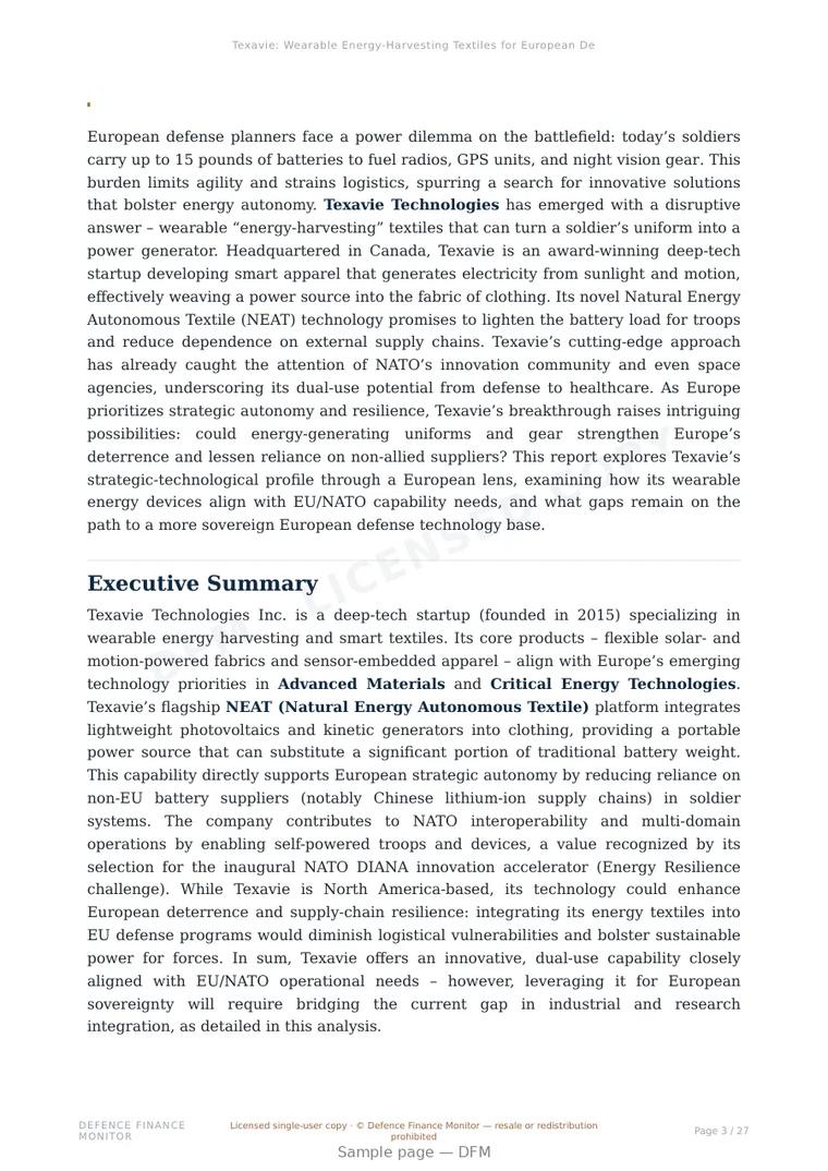 Sample page from “Texavie: Wearable Energy-Harvesting Textiles for European Defense” — 28-page report