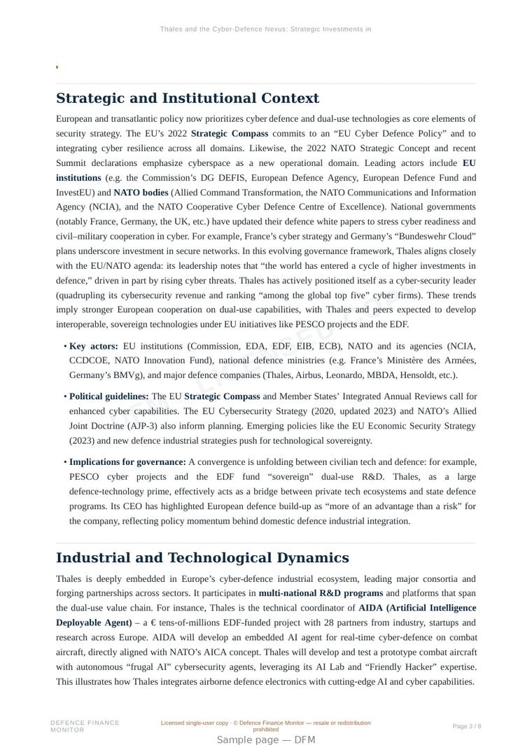 Sample page from “Thales and the Cyber-Defence Nexus: Strategic Investments in Dual-Sector Capabilities” — 9-page report
