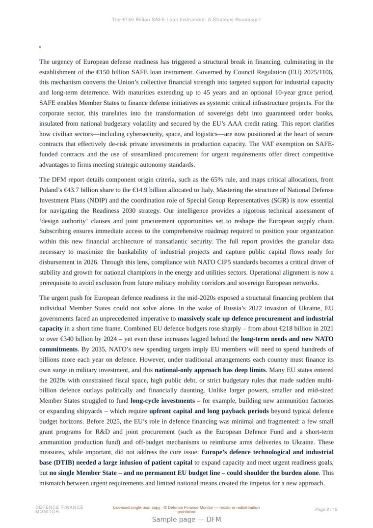 Sample page from “The €150 Billion SAFE Loan Instrument: A Strategic Roadmap for European Industrial Readiness” — 16-page report