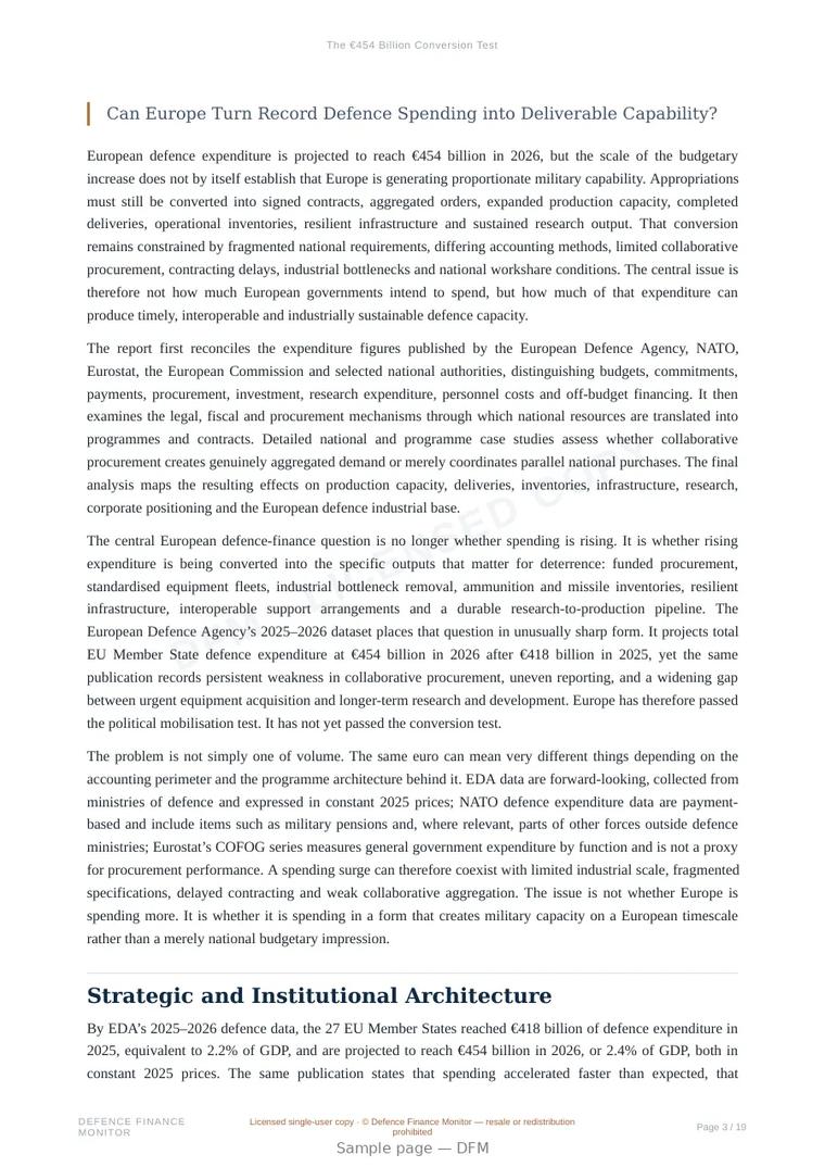Sample page from “The €454 Billion Conversion Test” — 20-page report