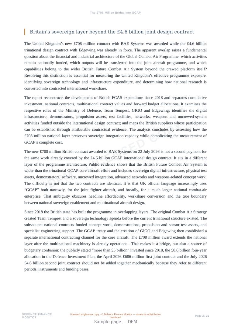 Sample page from “The £708 Million Bridge into GCAP” — 22-page report