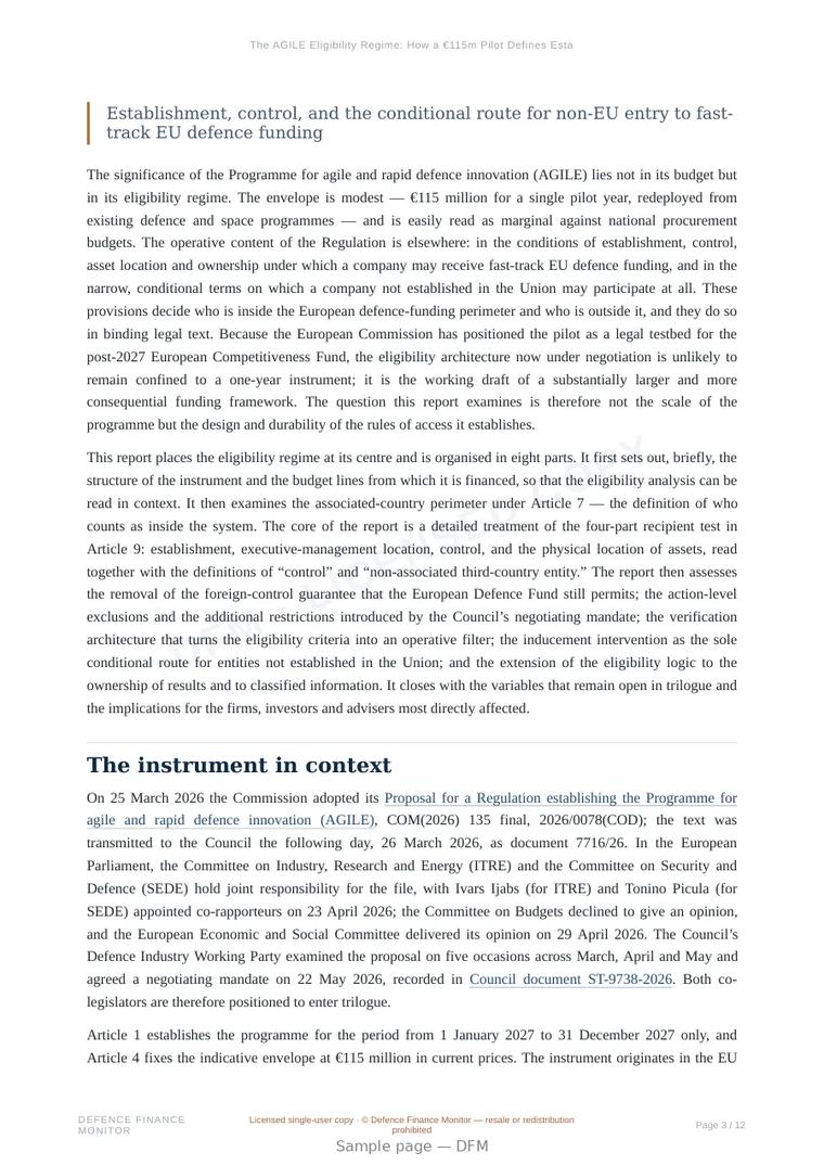 Sample page from “The AGILE Eligibility Regime: How a €115m Pilot Defines Establishment, Control and Non-EU Access to Fast-Track Defence Funding” — 13-page report