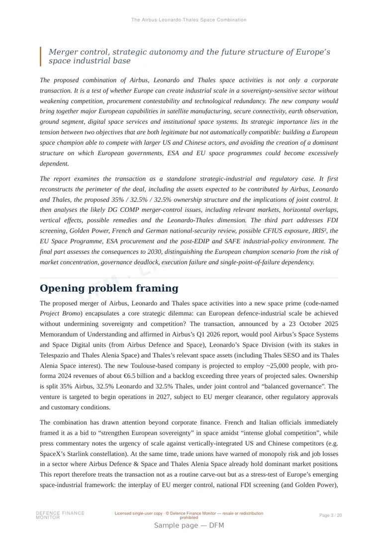 Sample page from “The Airbus-Leonardo-Thales Space Combination” — 21-page report