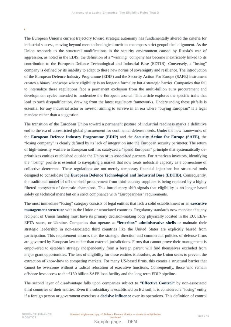 Sample page from “Anatomy of a Losing Enterprise: The Eligibility Rules That Decide Access to EU Defence Funding” — 6-page report