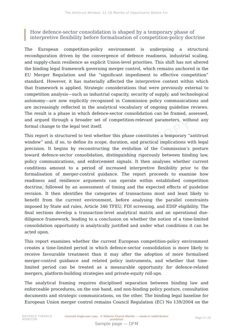 Sample page from “The Antitrust Window: 12–18 Months of Opportunity Before Formal Guidelines Restrict the Perimeter” — 24-page report