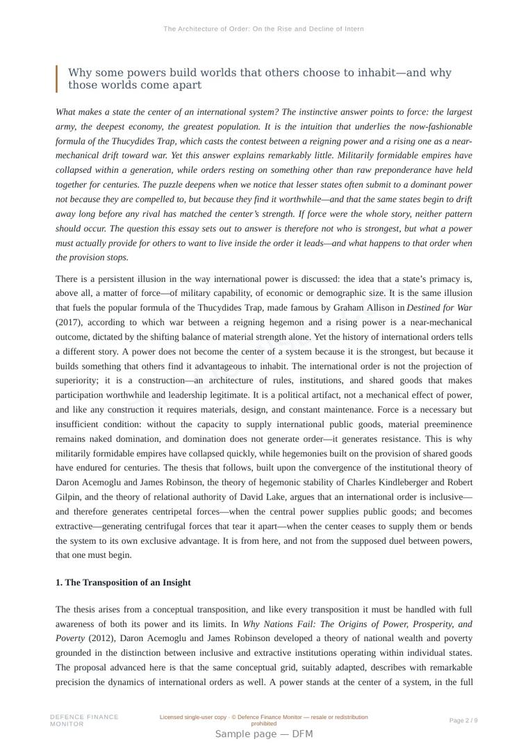 Sample page from “The Architecture of Order: On the Rise and Decline of International Systems (DFM #210)” — 10-page report
