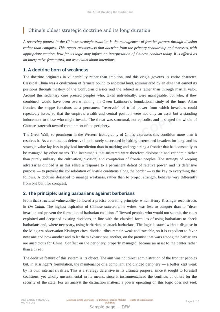 Sample page from “The Art of Dividing the Barbarians” — 11-page report