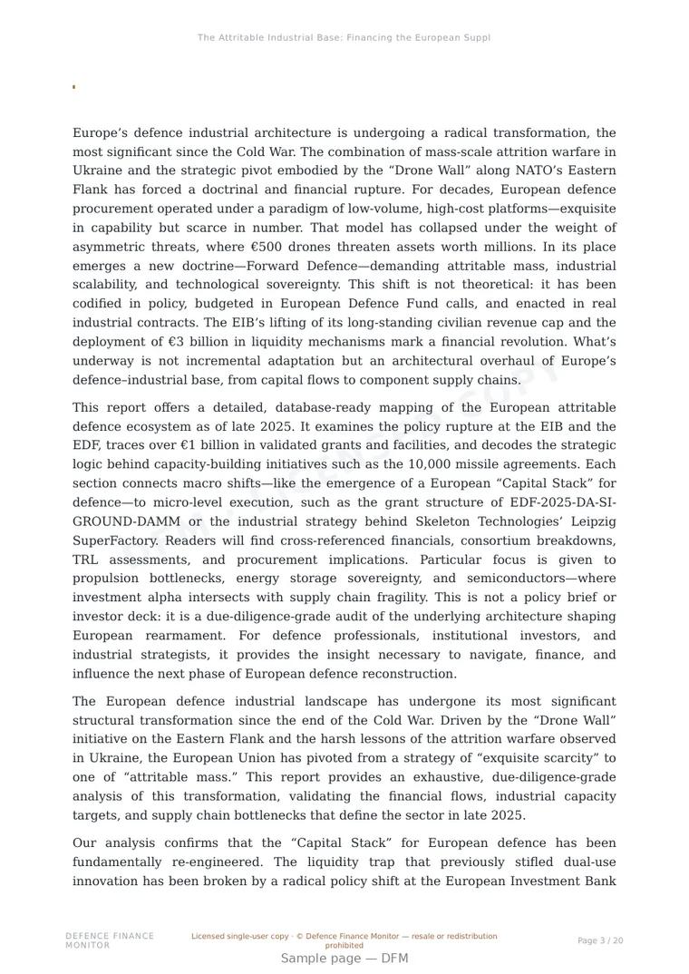 Sample page from “The Attritable Industrial Base: Financing the European Supply Chain for Mass” — 21-page report
