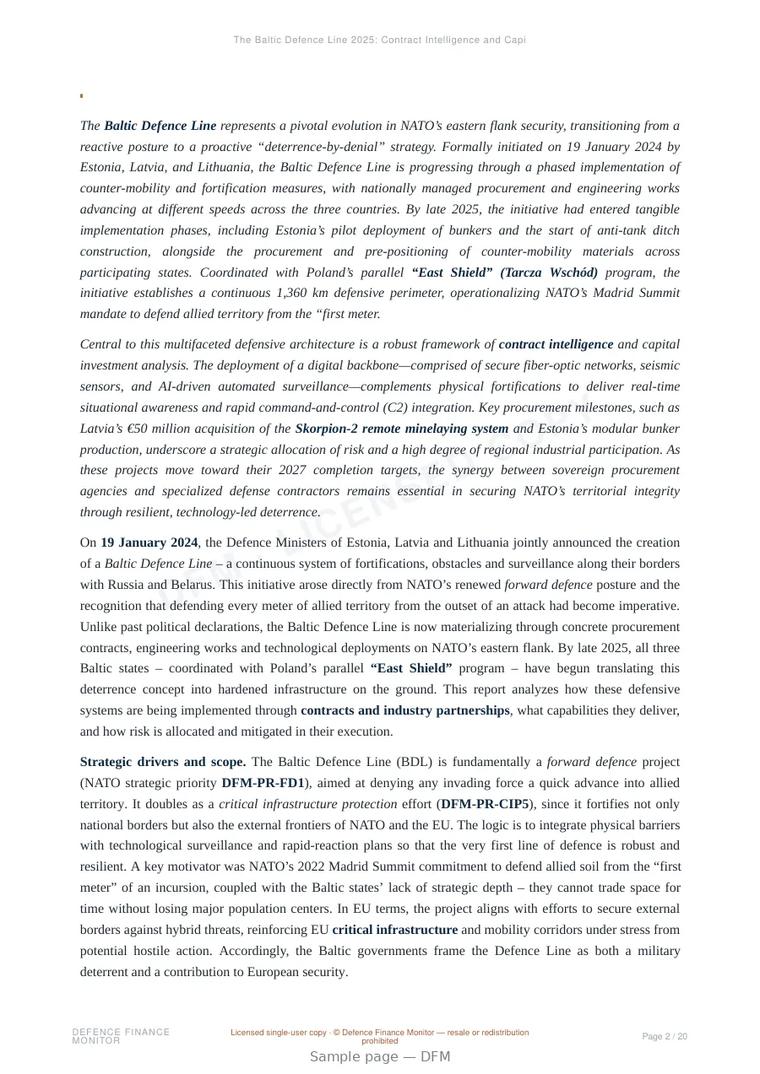 Sample page from “The Baltic Defence Line 2025: Contract Intelligence and Capital Investment Analysis on Fortifications and Electronic Border Surveillance” — 21-page report