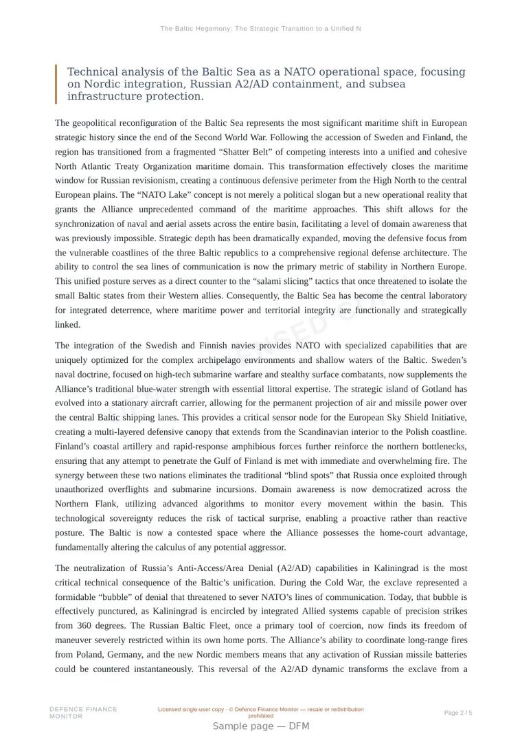 Sample page from “The Baltic Hegemony: The Strategic Transition to a Unified NATO Maritime Lake” — 6-page report